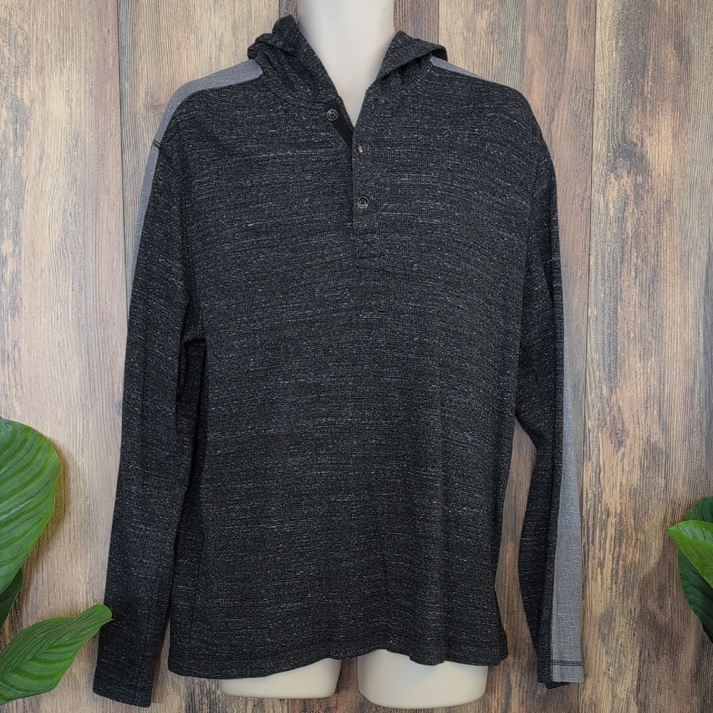 Apt. 9 Men's 1/4 Button Charcoal Pullover Hooded Shirt L           P331